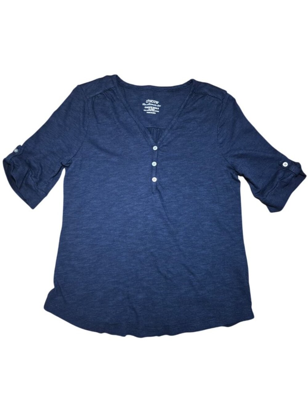 Chico's Ultimate Tee Navy Blue Henley Top 3/4 Sleeve Size 0 Small